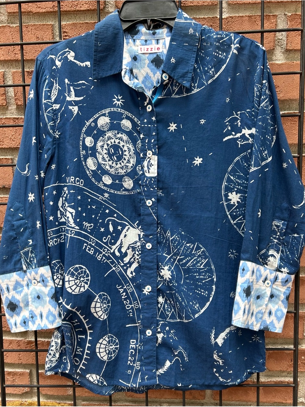 Rare Tizzie Navy Constellation Print Button-Up Shirt 100% Cotton